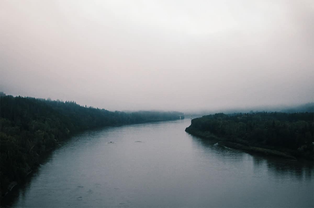 Edmonton's river valley covered in fog
