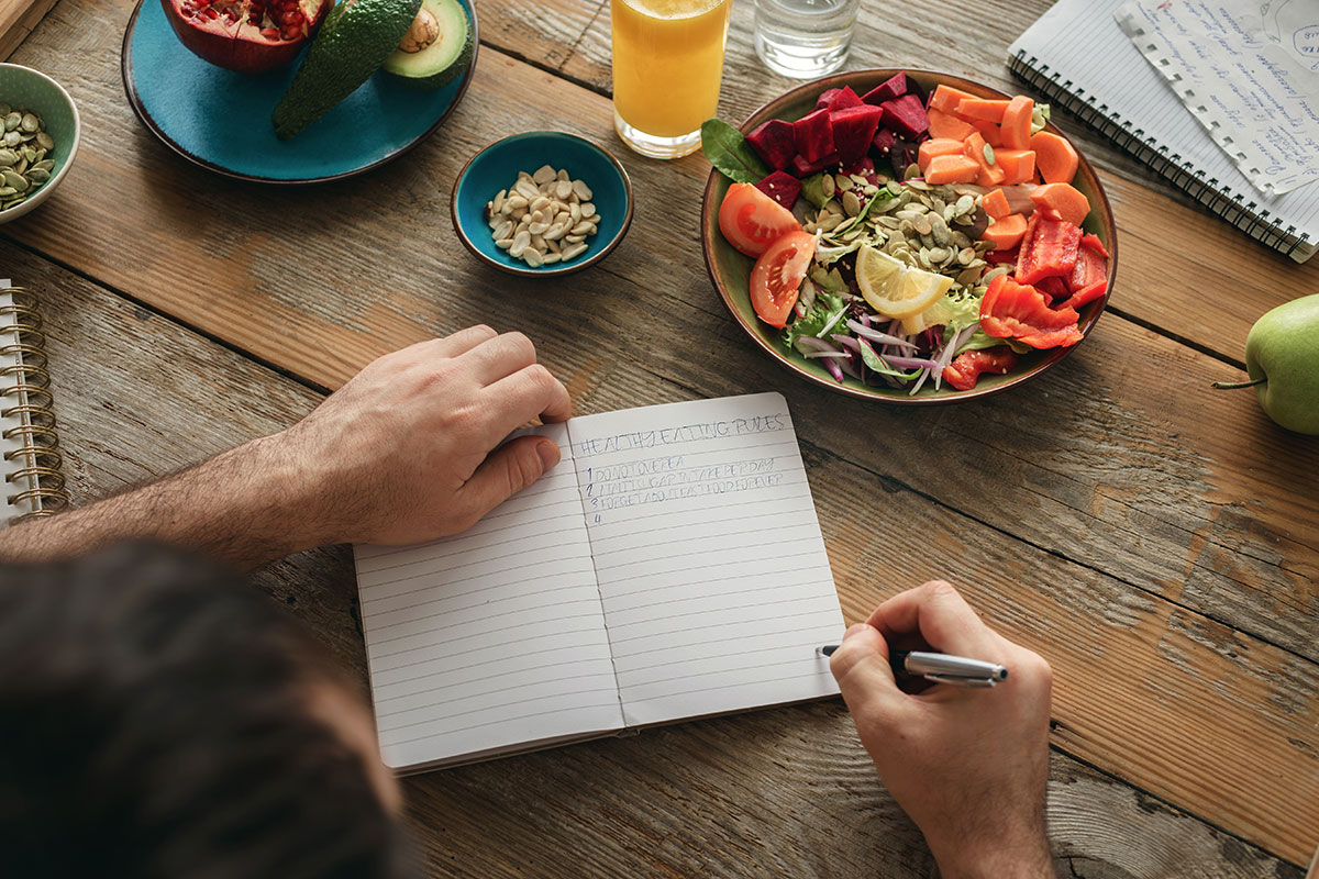 Someone using a journal while eating a healthy meal