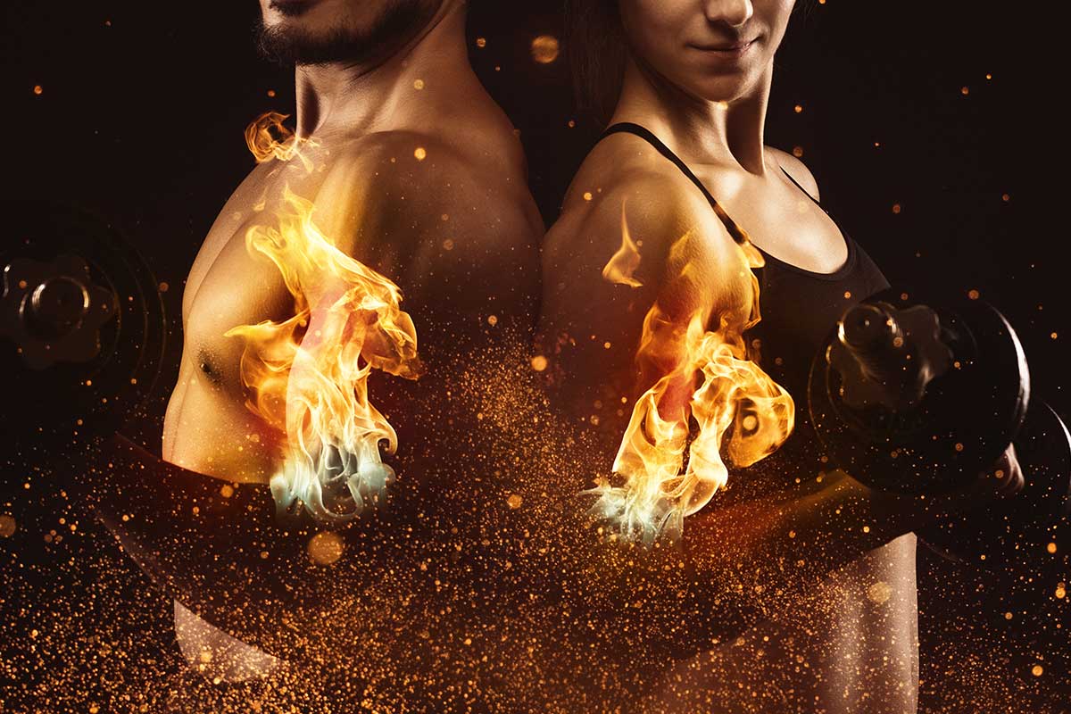 Man and woman back-to-back curling weights. Artistic flames and sparks exploding from their biceps.