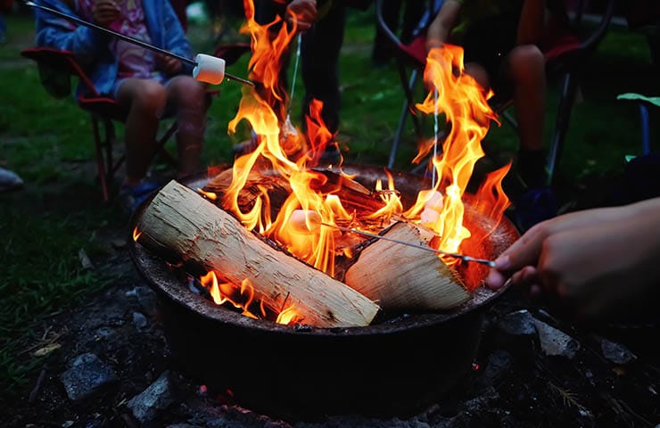 Marshmallows toasting over a campfire.