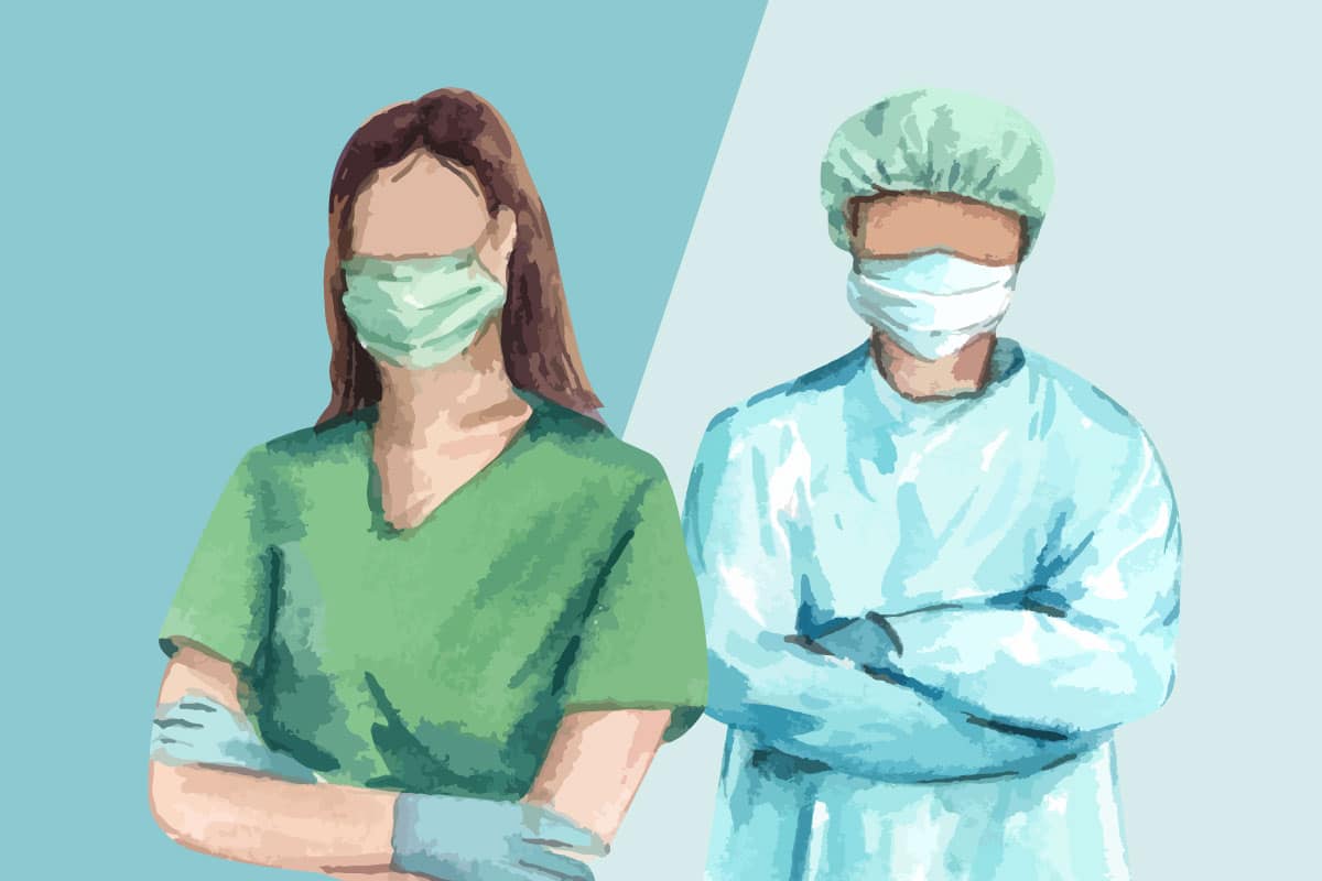 Illustration of two nurses in hospital scrubs.